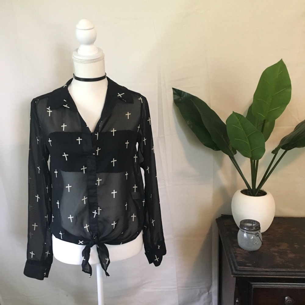 ✝️ Sheer Black Button-Up Top With Crosses ✝️